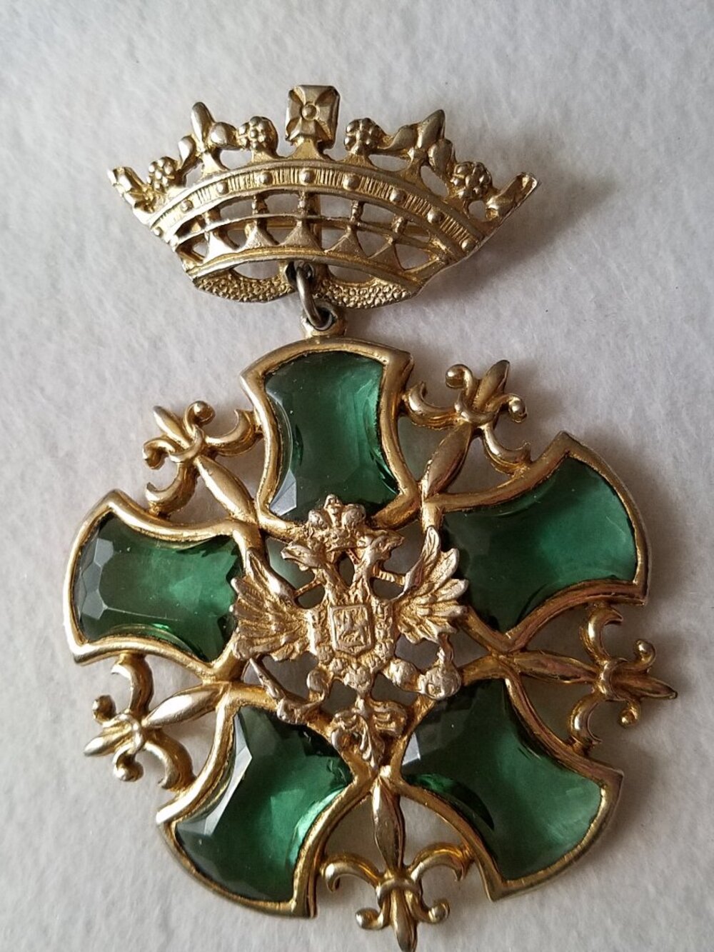 Vintage Crown Doubled-Headed Eagle Shield Green Rhinestone Fleur de Lis Brooch
